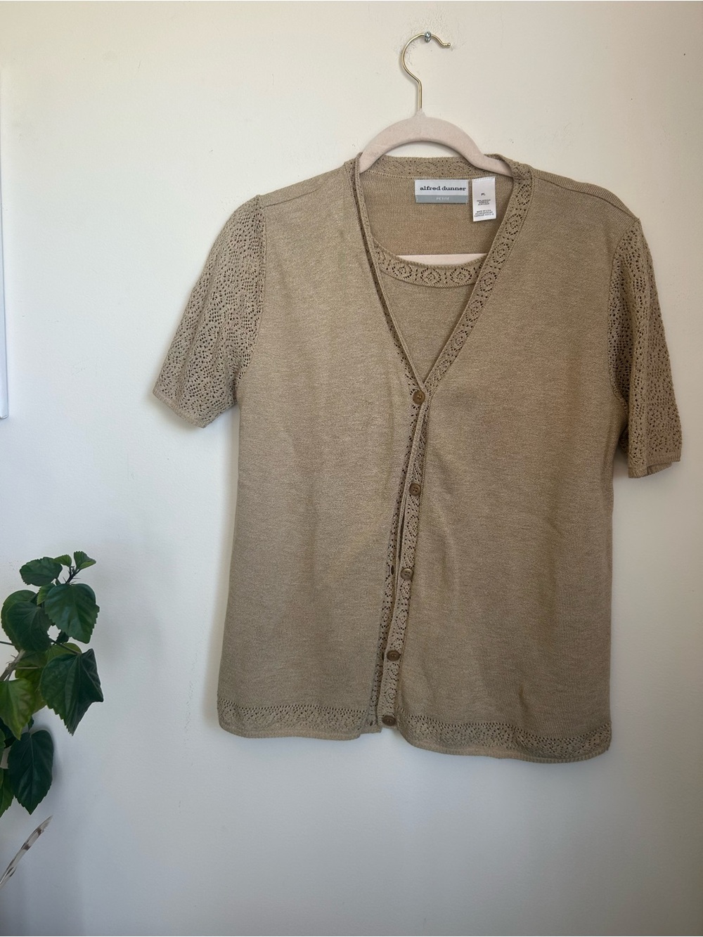 Alfred Dunner Tan Short-Sleeve Button Cardigan with Crochet Detail